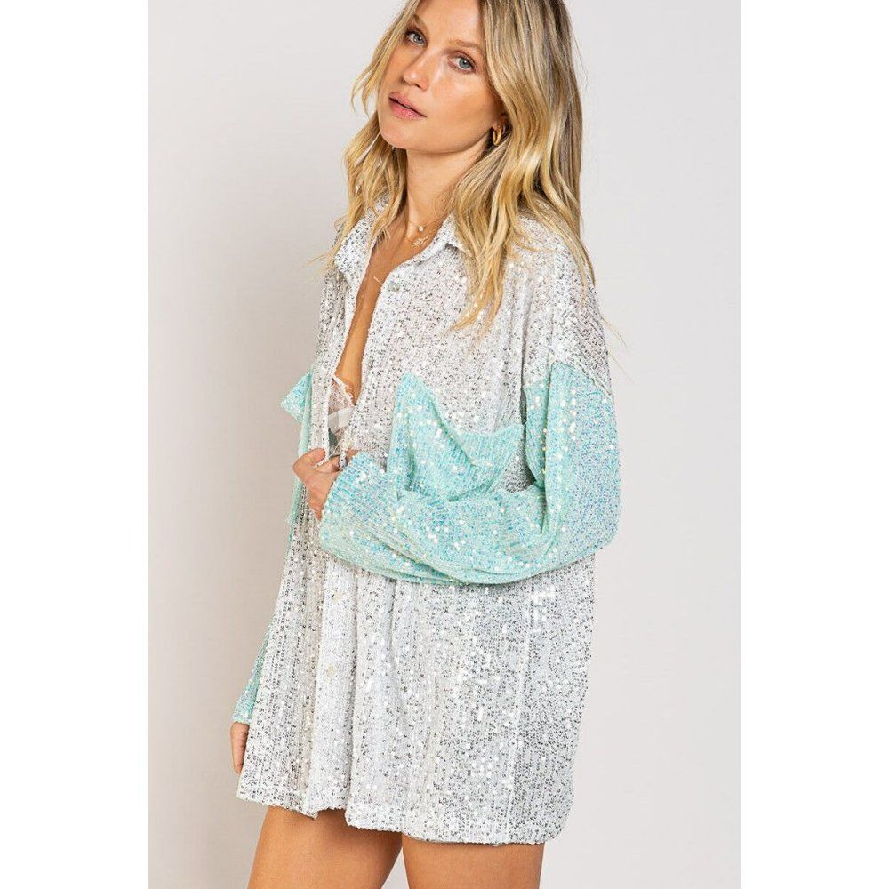 POL CLOTHING Sparkly Sequin Button Up Top White Aqua New Colorblock SMT2041 - Picture 4 of 8